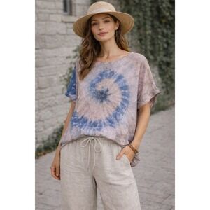 Valentina Naldi Tie Dye‎ Linen Top Womens  M Blue Coastal Lagenlook Boho Italy